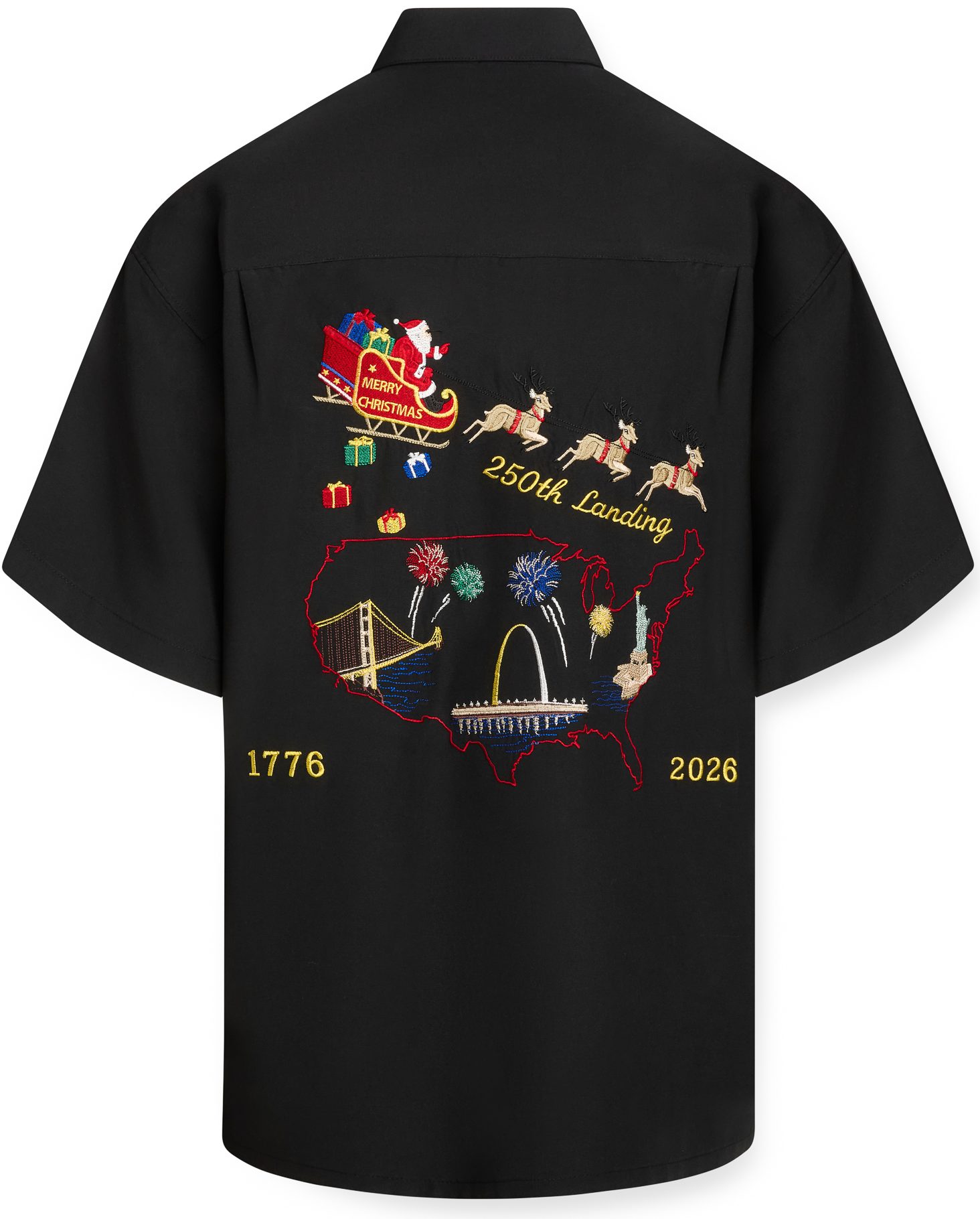 Santa's 250th Landing embroidered Christmas shirt featuring Santa's sleigh, reindeer, patriotic USA landmarks, fireworks, and America 250 anniversary design in Black, Navy, and Tomato.