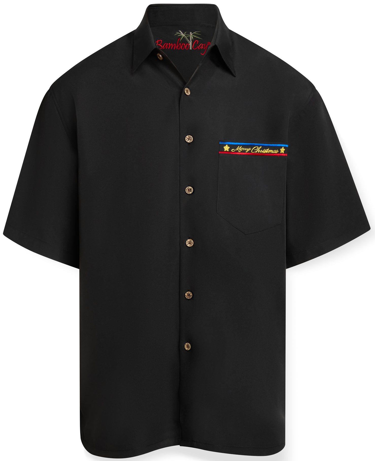 Santa's 250th Landing embroidered Christmas shirt featuring Santa's sleigh, reindeer, patriotic USA landmarks, fireworks, and America 250 anniversary design in Black, Navy, and Tomato.