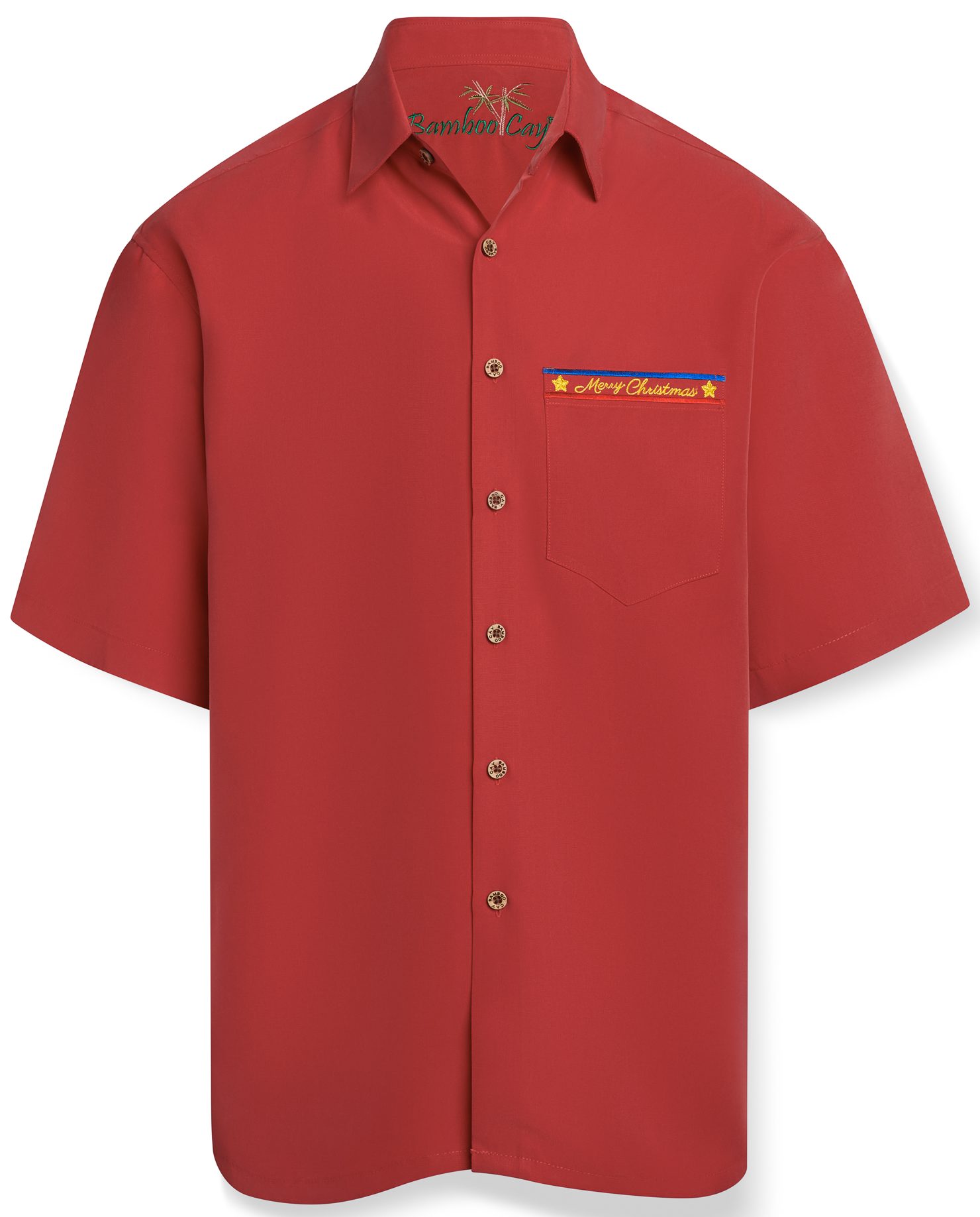 Men's tomato red short sleeve resort shirt featuring detailed embroidery of Santa's sleigh flying over US landmarks with "250th Landing" text.