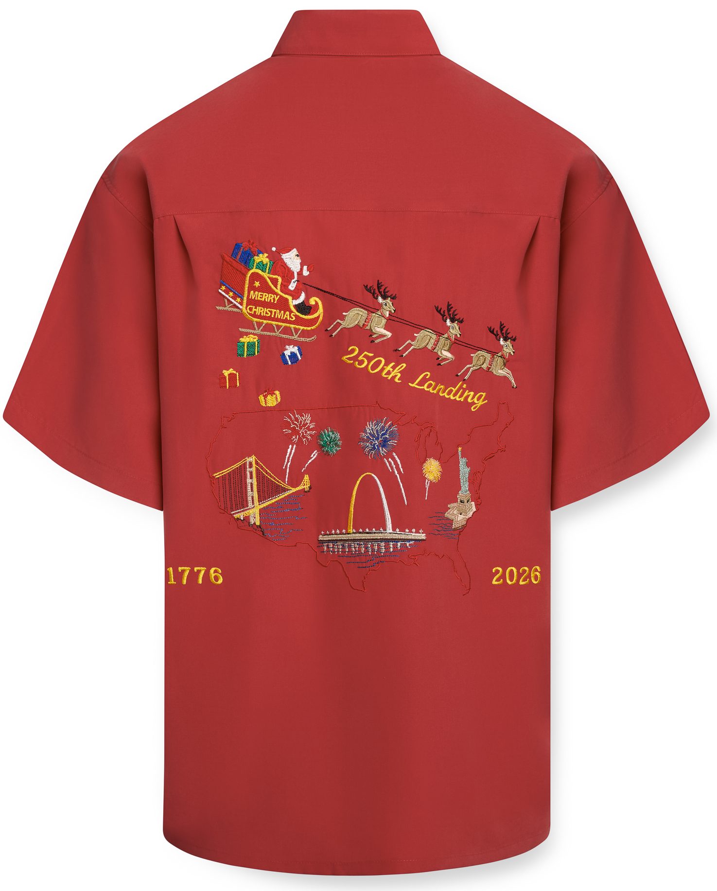 Men's tomato red short sleeve resort shirt featuring detailed embroidery of Santa's sleigh flying over US landmarks with "250th Landing" text.