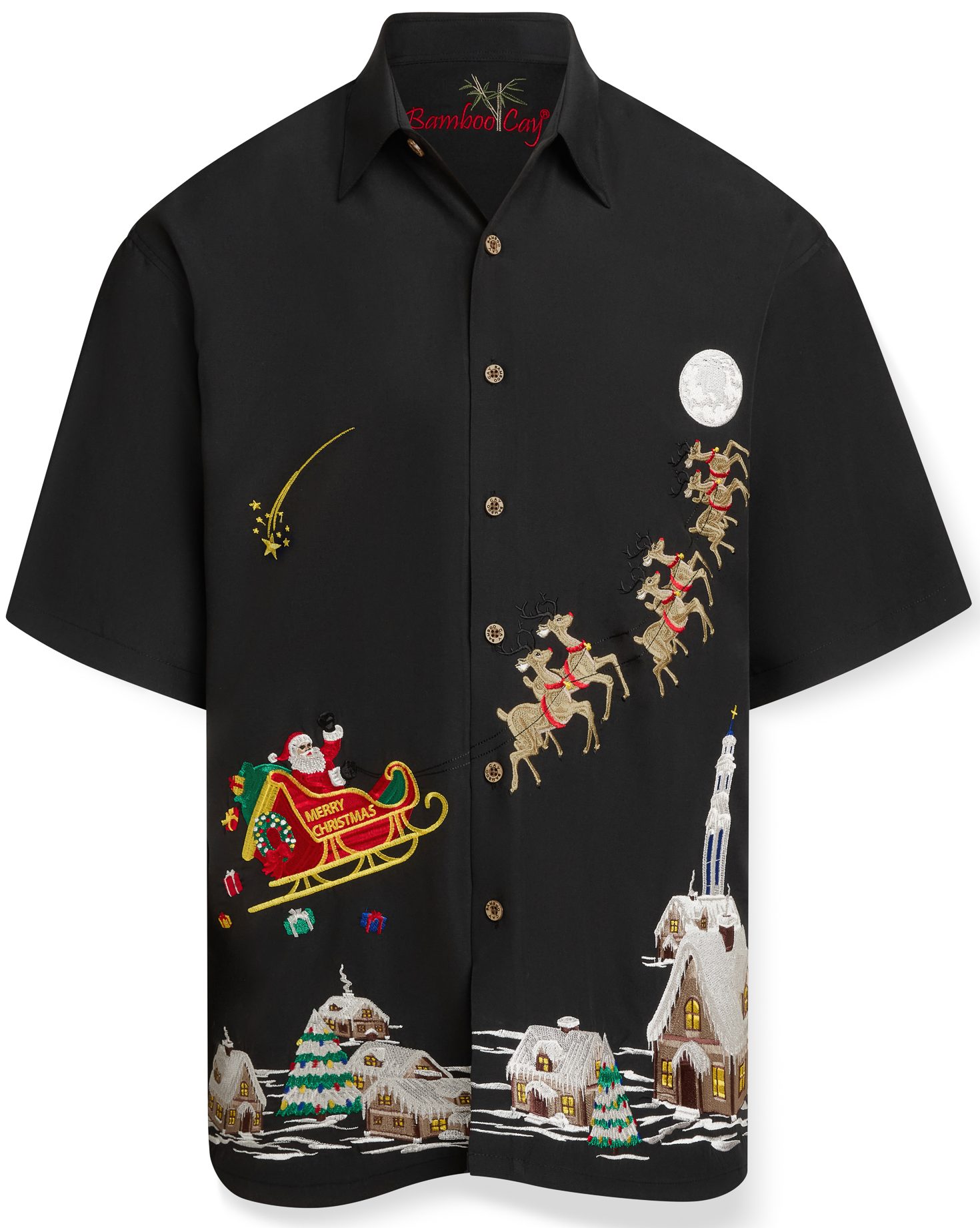 Santa's Sleighin All Night embroidered Christmas camp shirt featuring Santa's sleigh, reindeer, moonlit sky, and snowy village on a black button-up shirt.