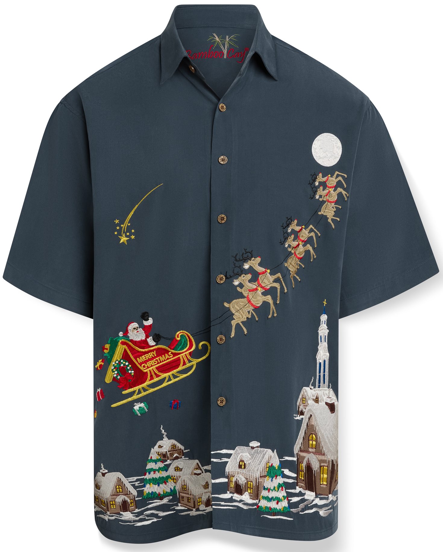 Santa's Sleighin All Night embroidered Christmas camp shirt featuring Santa's sleigh, reindeer, moonlit sky, and snowy village on a black button-up shirt.