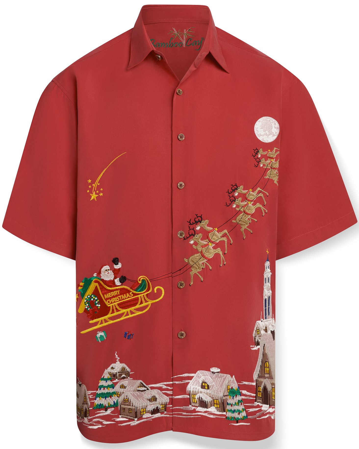 Santa's Sleighin All Night embroidered Christmas camp shirt featuring Santa's sleigh, reindeer, moonlit sky, and snowy village on a black button-up shirt.