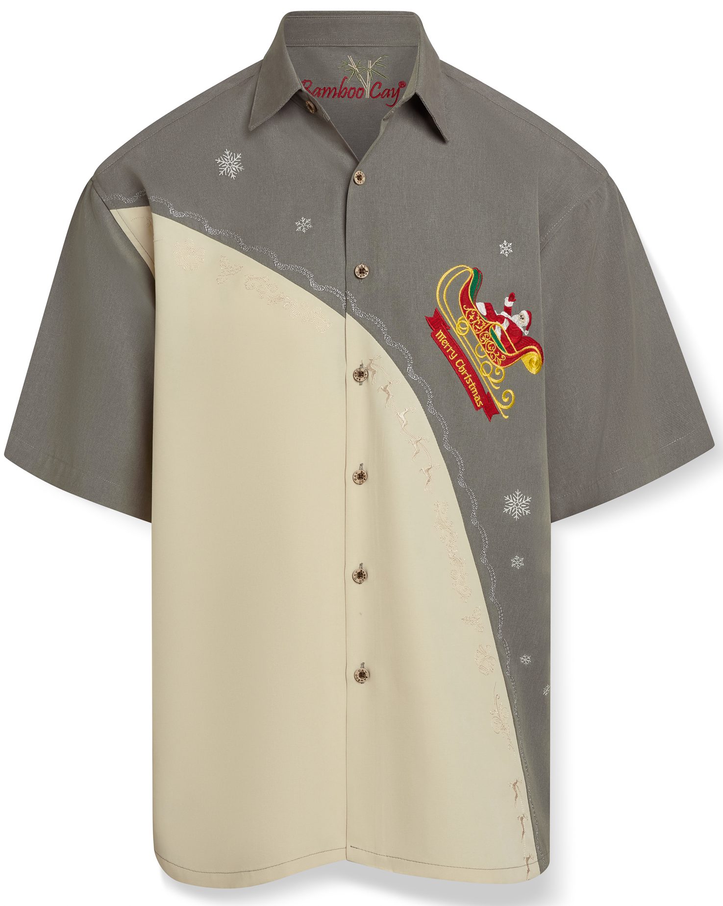 Men’s grey and cream short sleeve holiday shirt with embroidered Christmas design