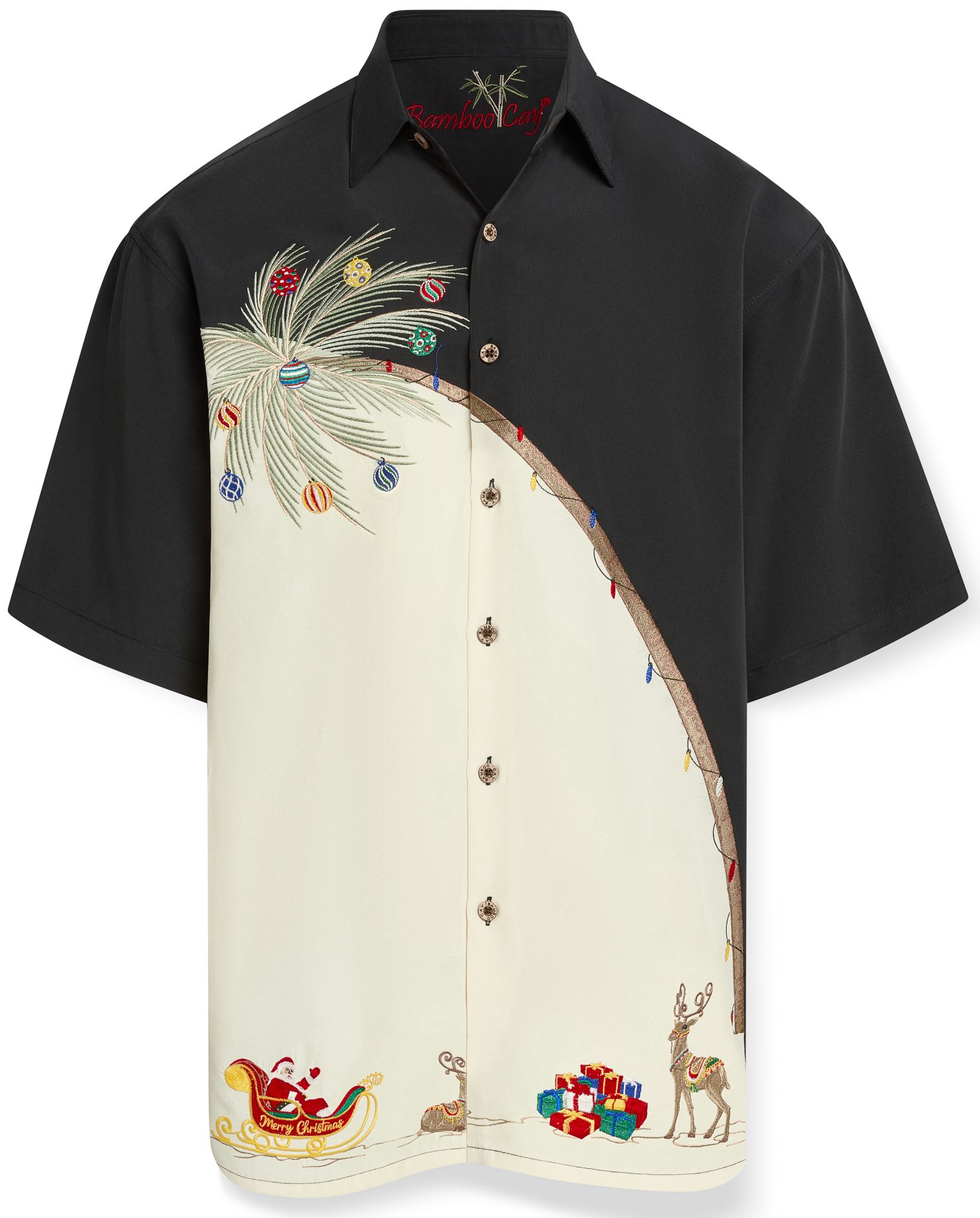 Black and ivory tropical Christmas camp shirt featuring festive ornaments, poinsettias, reindeer, and holiday accents with a curved color-block design.