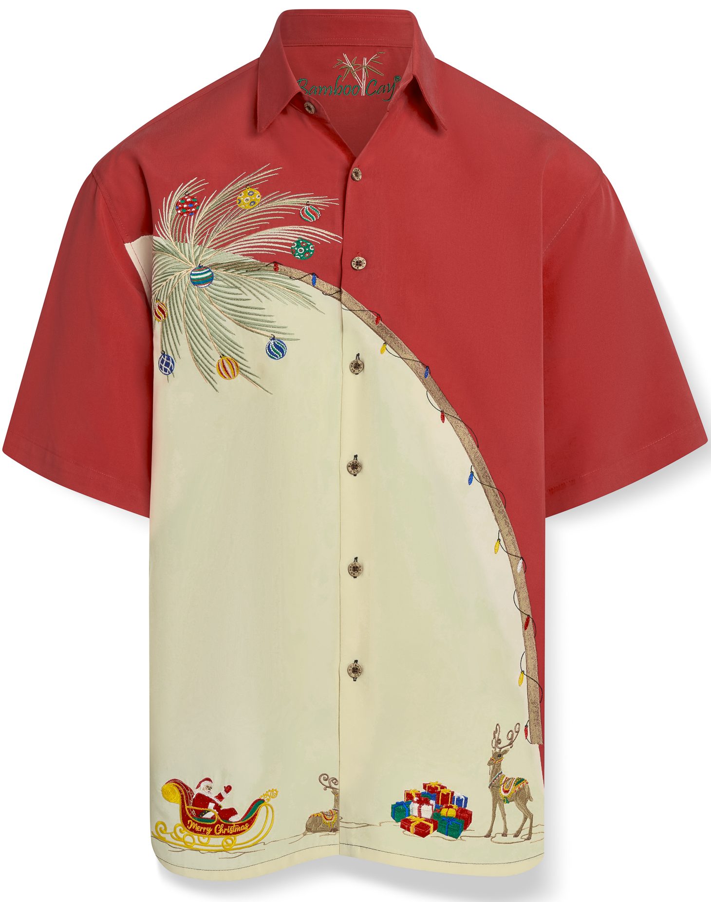 Red and ivory tropical Christmas camp shirt featuring festive ornaments, poinsettias, reindeer, and holiday accents with a curved color-block design.