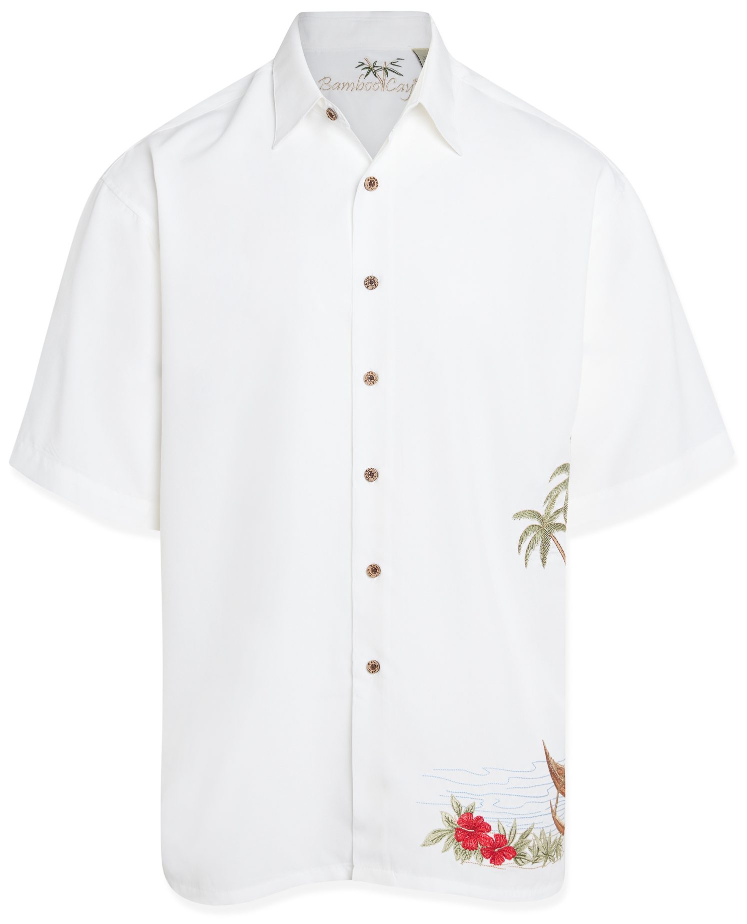 Bamboo cay embroidered mens short sleeve hula luau Hawaiian shirt