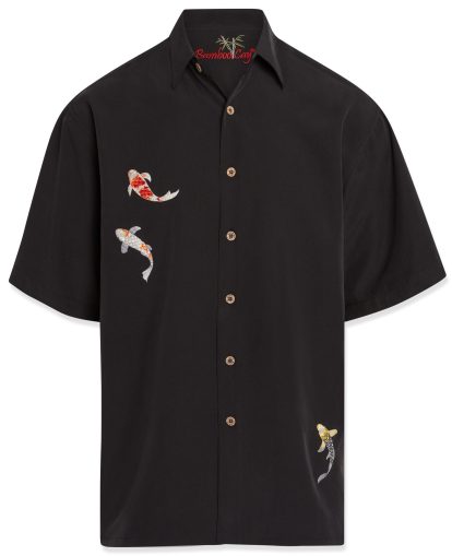 bamboo cay mens charming koi fish black colored embroidered shirt