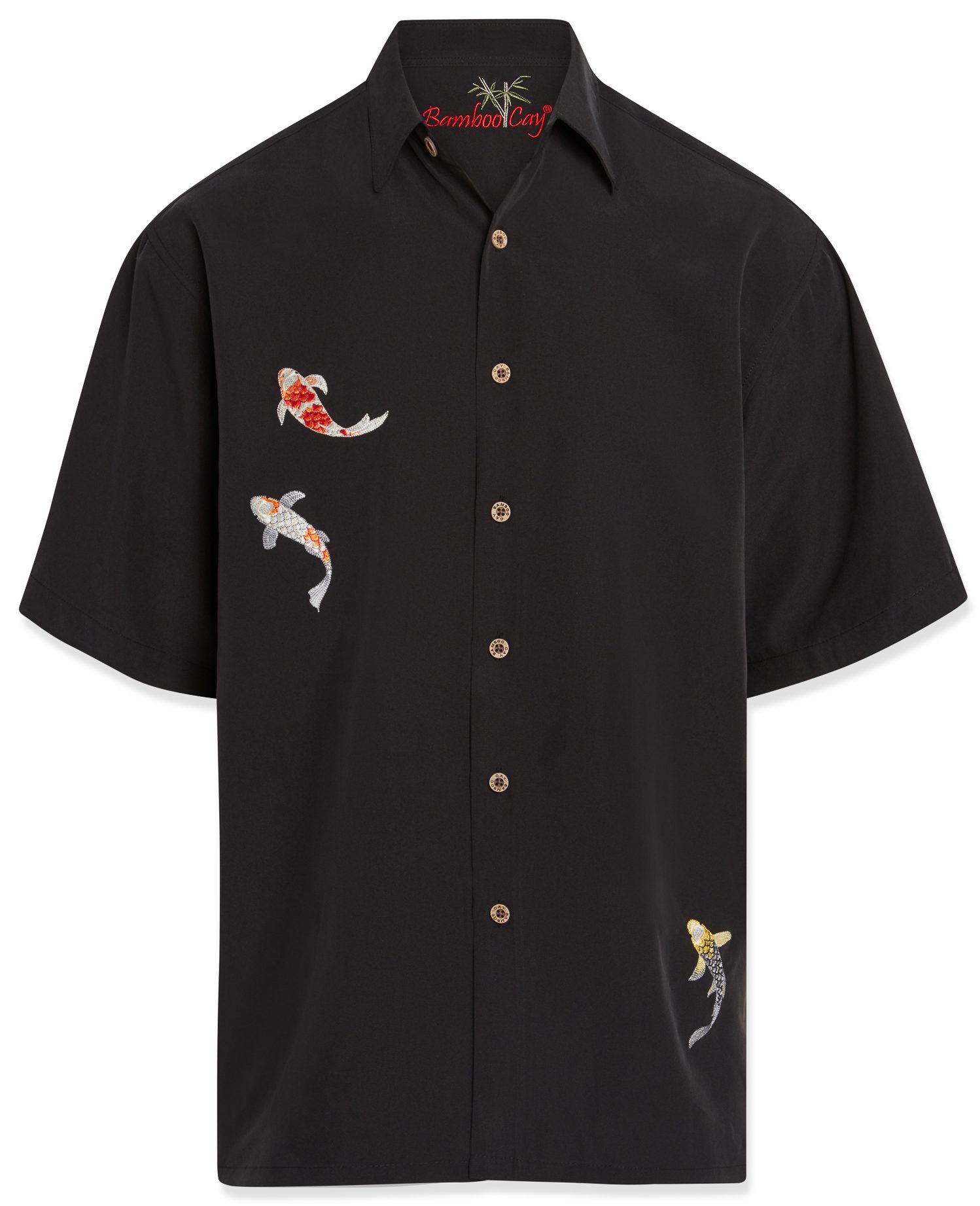 bamboo cay mens charming koi fish black colored embroidered shirt
