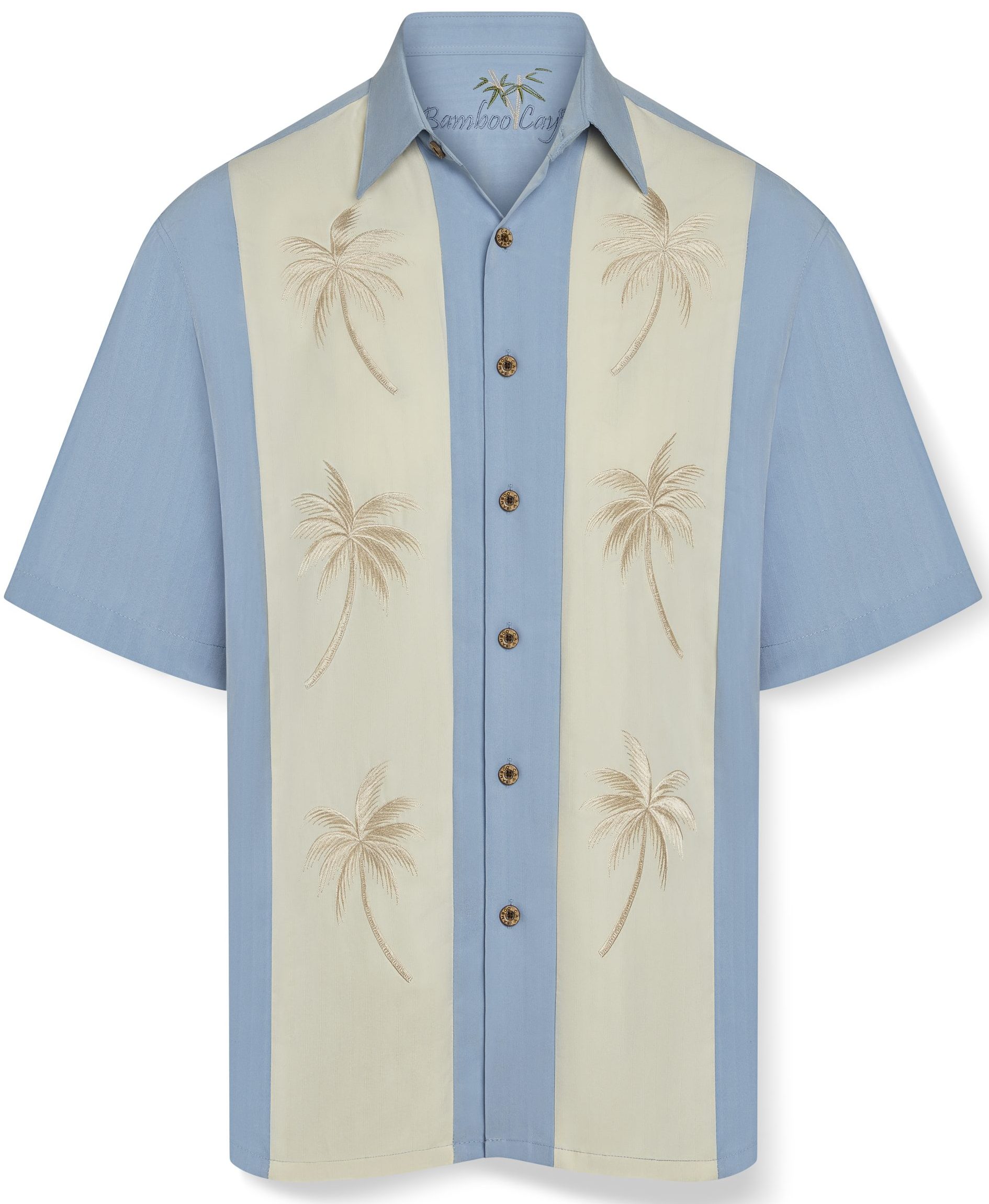 Light blue short-sleeve shirt with cream panels featuring embroidered palm trees. Brown buttons add a casual, tropical feel. Perfect for summer.