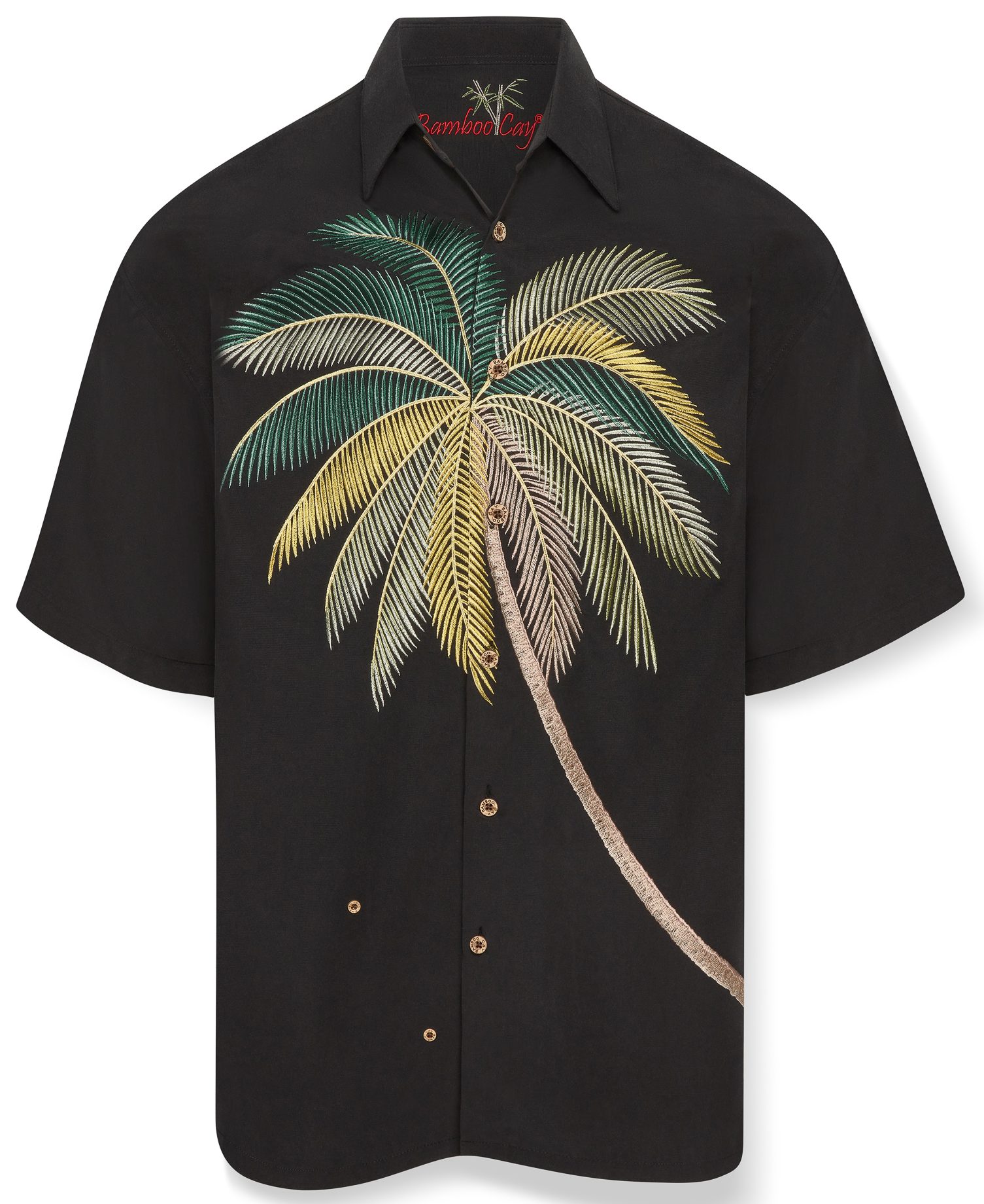 Black short-sleeve Hawaiian shirt with a large embroidered palm tree design in green, yellow, and beige on the front. Casual and tropical vibe. bambooland embroidered shirt front design