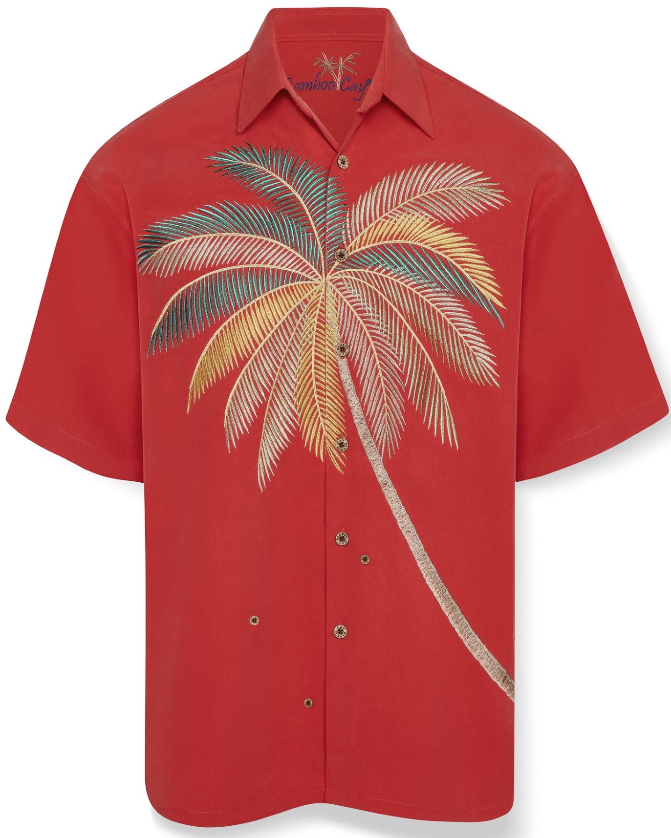 Red short-sleeve Hawaiian shirt with a large embroidered palm tree design in green, yellow, and beige on the front. Casual and tropical vibe. bambooland embroidered shirt front design