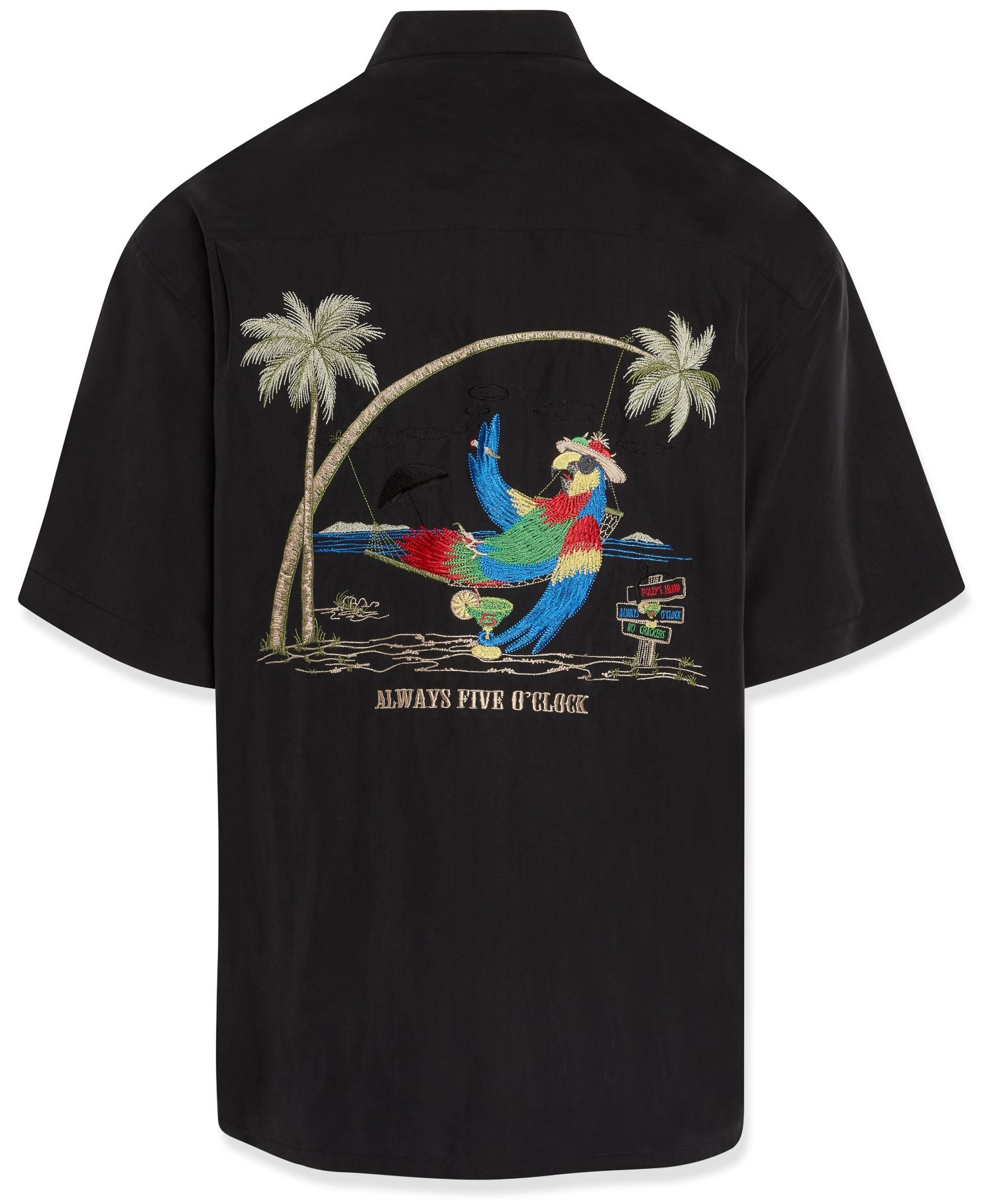 Bamboo Cay Mens Always 5 Oclock parrot embroidered camp shirt