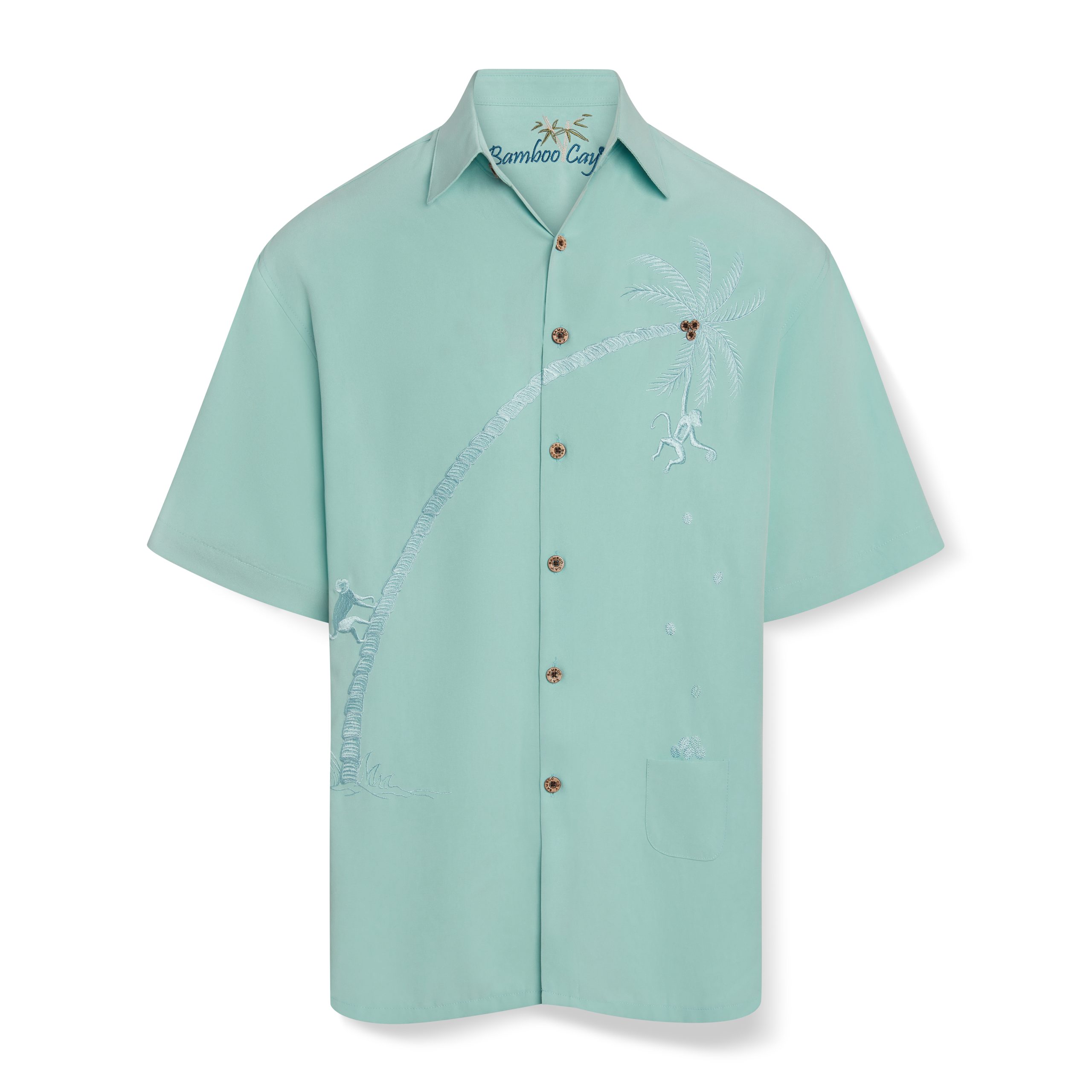 Bamboo Cay Embroidered Shirt Bamboo Cay Embroidered Shirt short-sleeve shirt. The shirt has a casual, tropical feel. Monkeys with coconuts