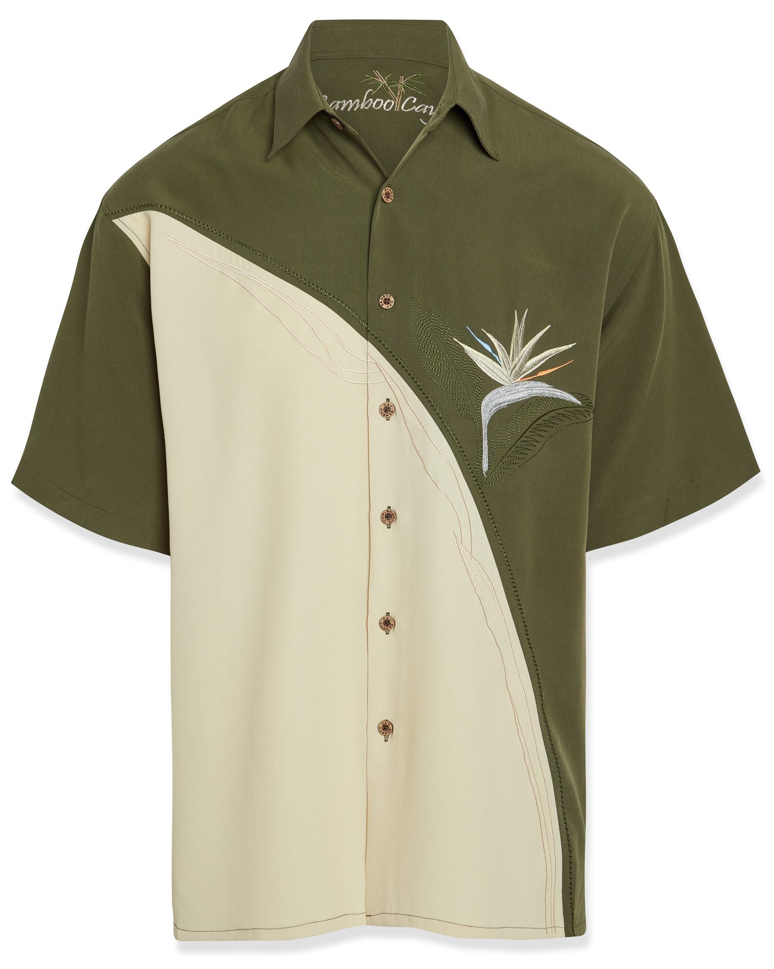 bamboo cay mens crescent bird of paradise short sleeve button up shirt