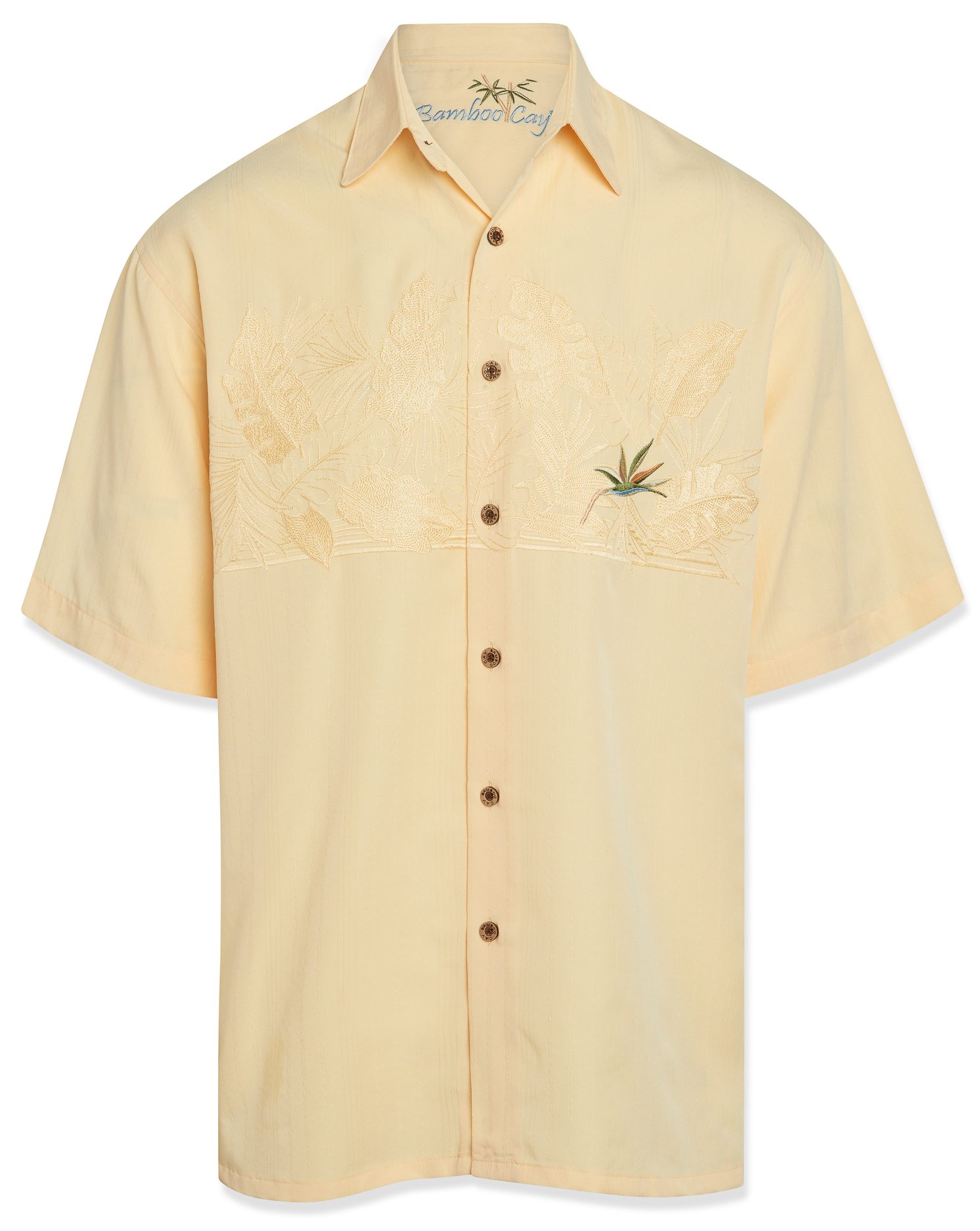 bamboo cay mens embroidered chest bird of paradise tropical button down shirt