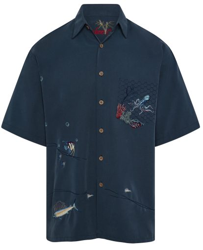 Captured Octopus Embroidered Shirt - Navy, XL