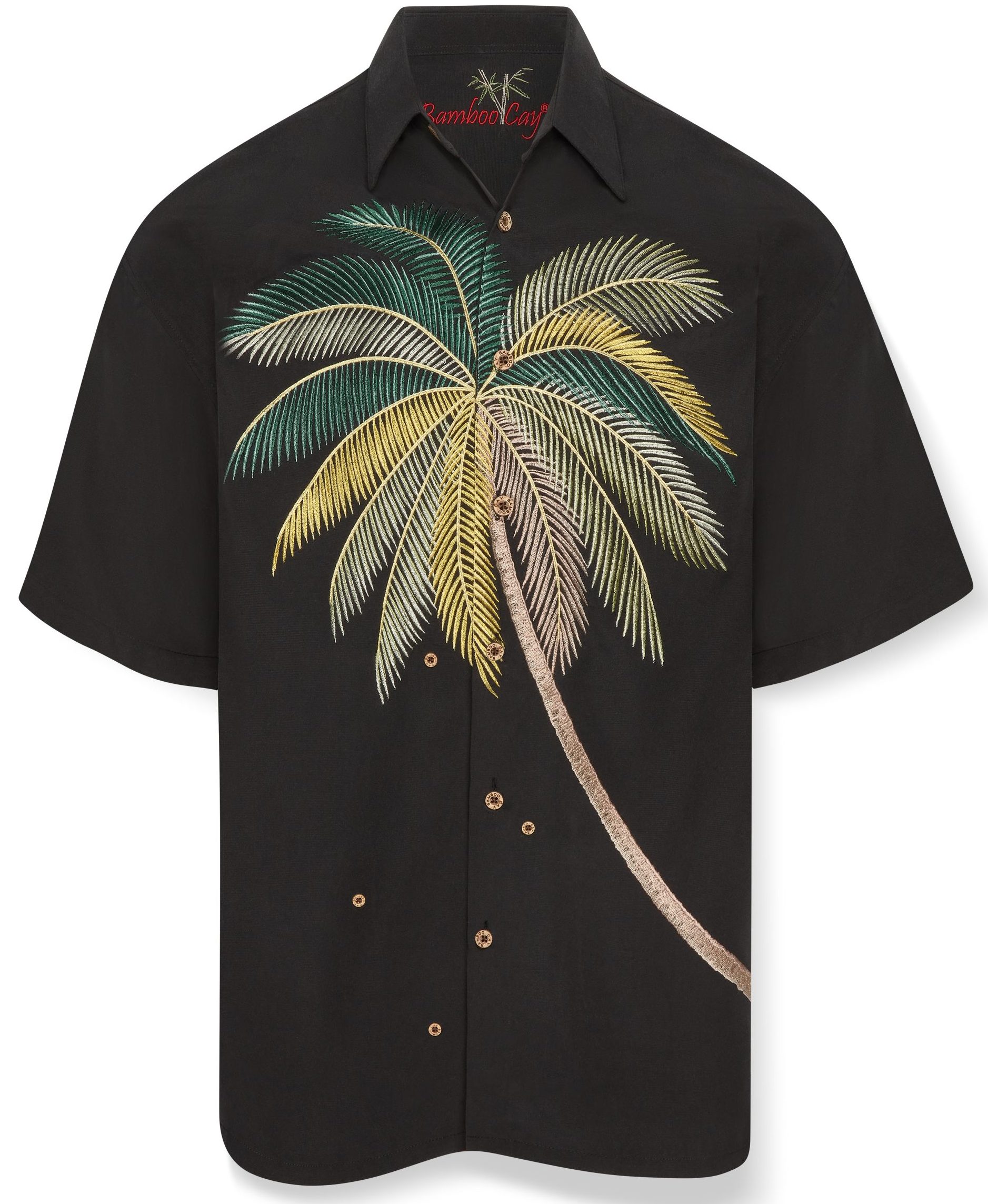 Black short-sleeve Hawaiian shirt with a large embroidered palm tree design in green, yellow, and beige on the front. Casual and tropical vibe.