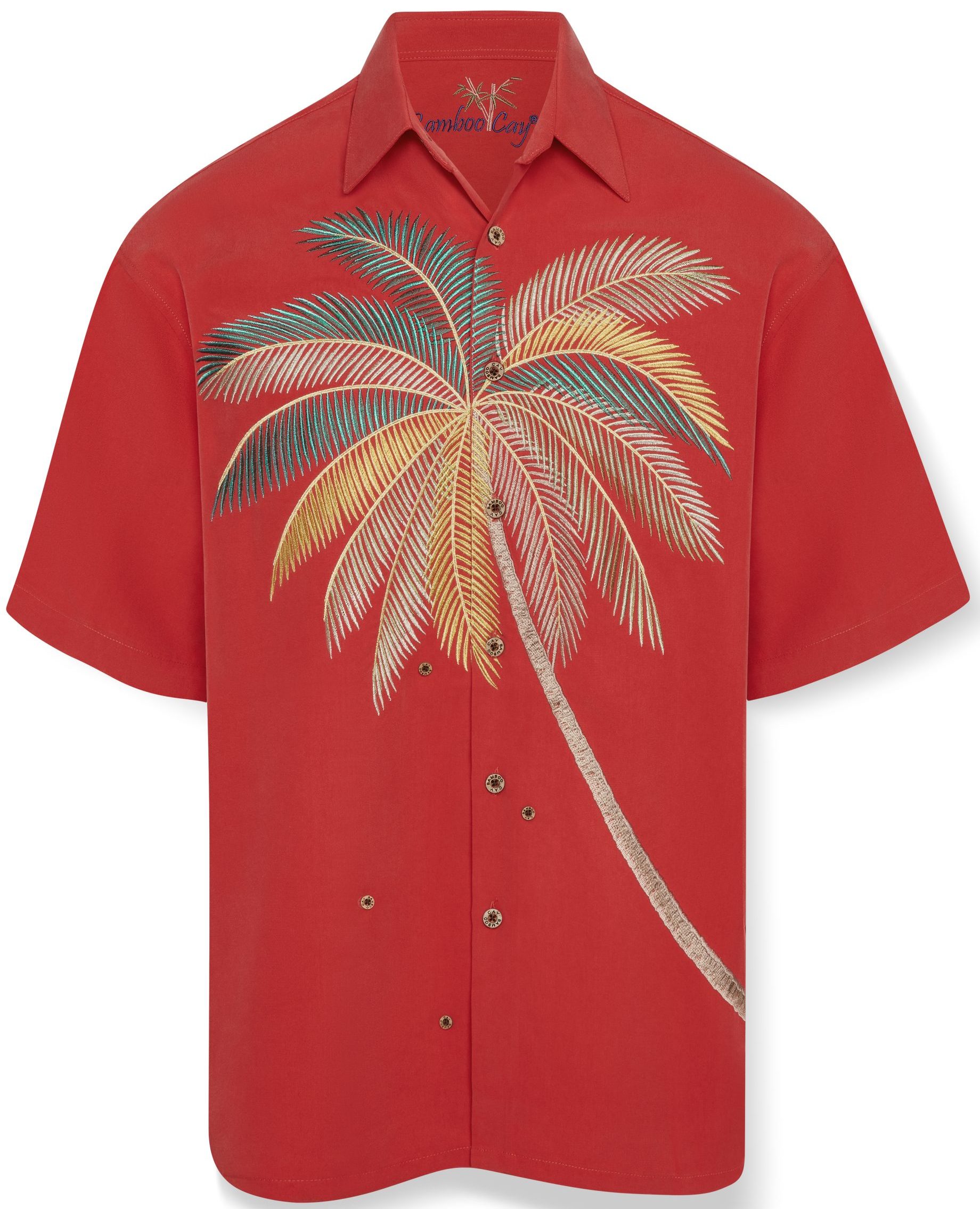 Tomato short-sleeve Hawaiian shirt with a large embroidered palm tree design in green, yellow, and beige on the front. Casual and tropical vibe.