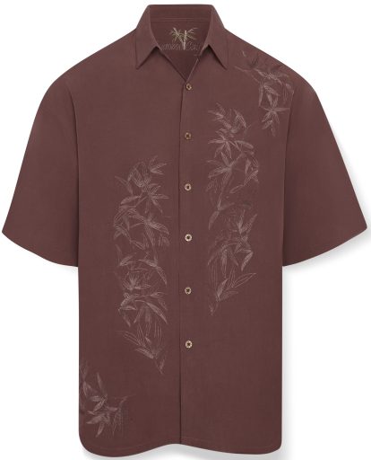 Pomerol short-sleeve shirt with light gray bamboo leaf patterns on the right shoulder and left lower side. Features brown buttons and a collar.