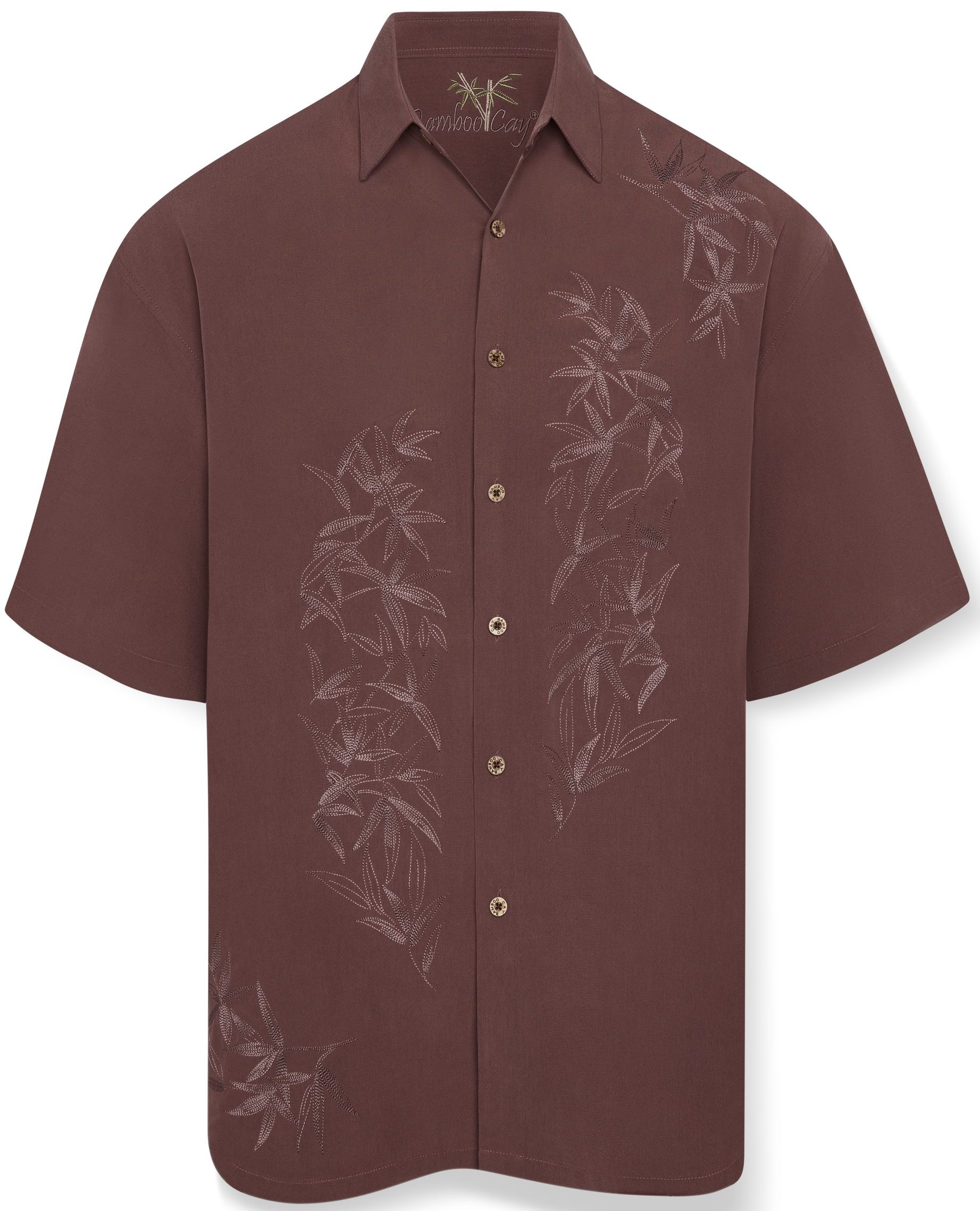 Pomerol short-sleeve shirt with light gray bamboo leaf patterns on the right shoulder and left lower side. Features brown buttons and a collar.