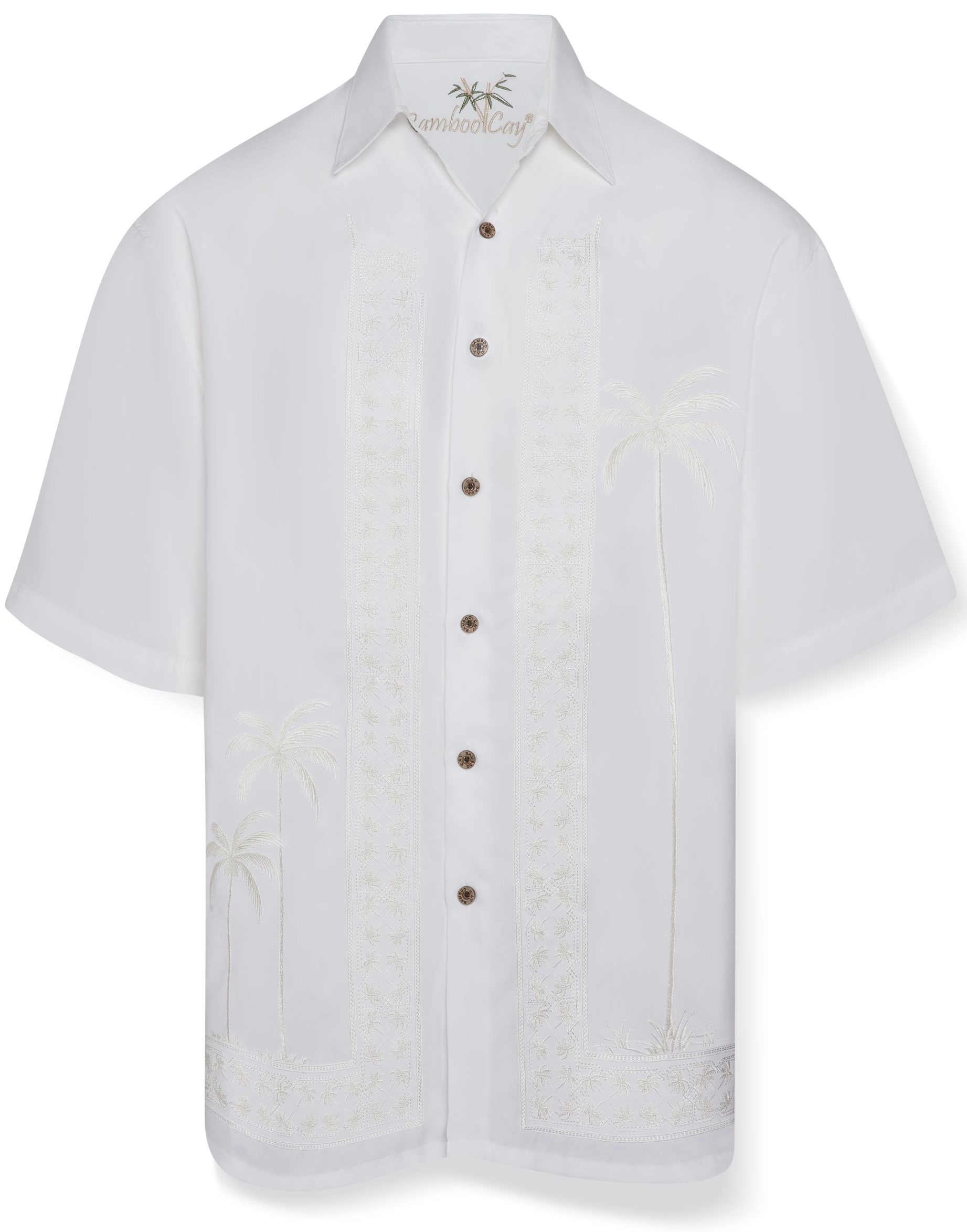 Off White short-sleeve shirt with palm tree embroidery along the front. Features brown buttons, a relaxed fit, and a casual, tropical vibe.