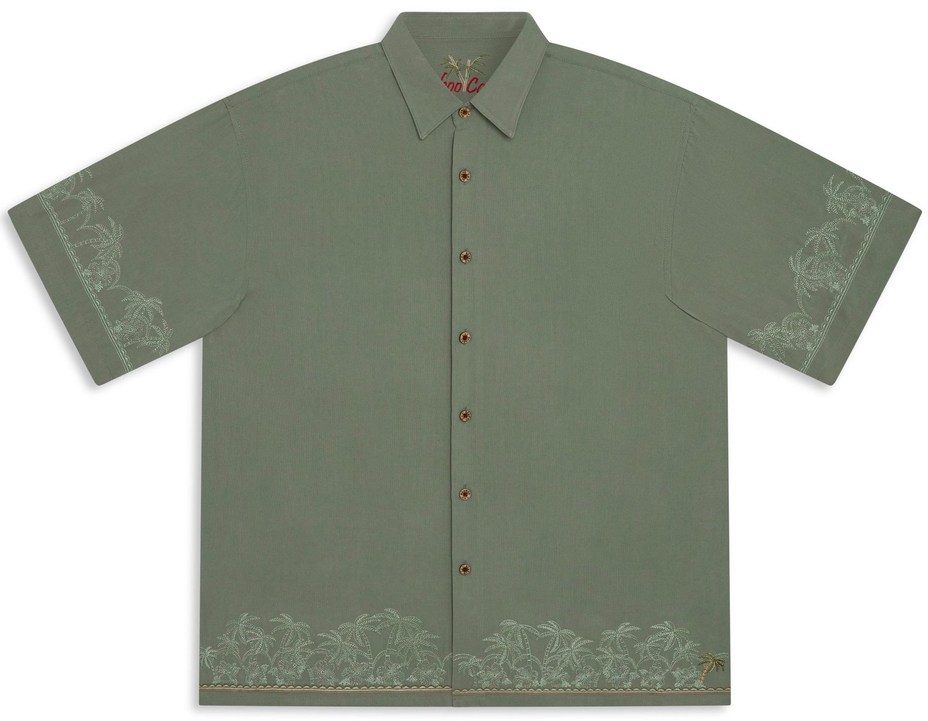 Short-sleeved Ocean colored embroidered button-up shirt with subtle palm tree designs on the collar, sleeves, and hem, laid flat on a white background.